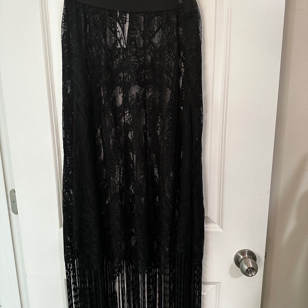 Elegant Black Lace Maxi Skirt with fringe